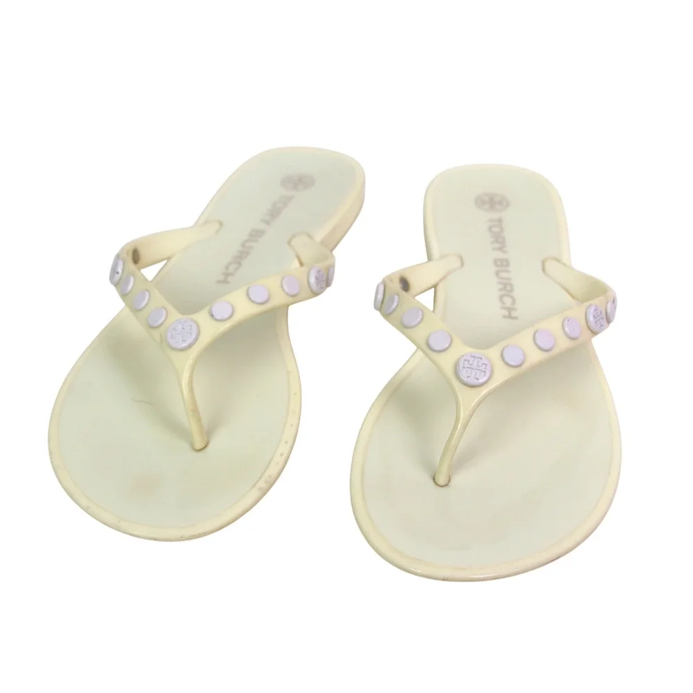Tory Burch OF WHITE PVC FLAT BEACH SHOES FLIP FLOPS TONG SANDALS Sz 8